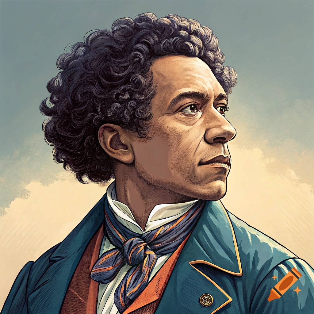 Illustration of a man in historical clothing looking right