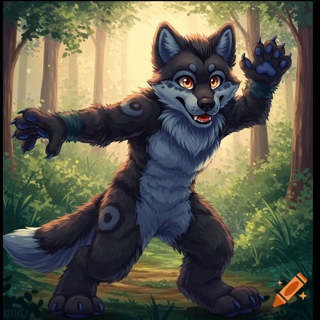 A furry wolf character waves in a forest clearing, digital art.