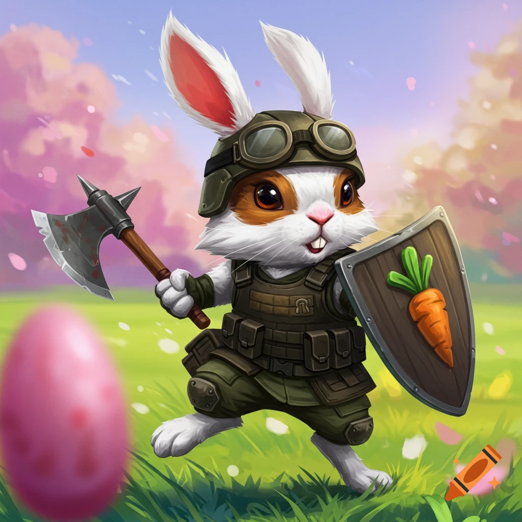 A cartoon combat bunny with an axe and carrot shield stands in a field with an Easter egg.