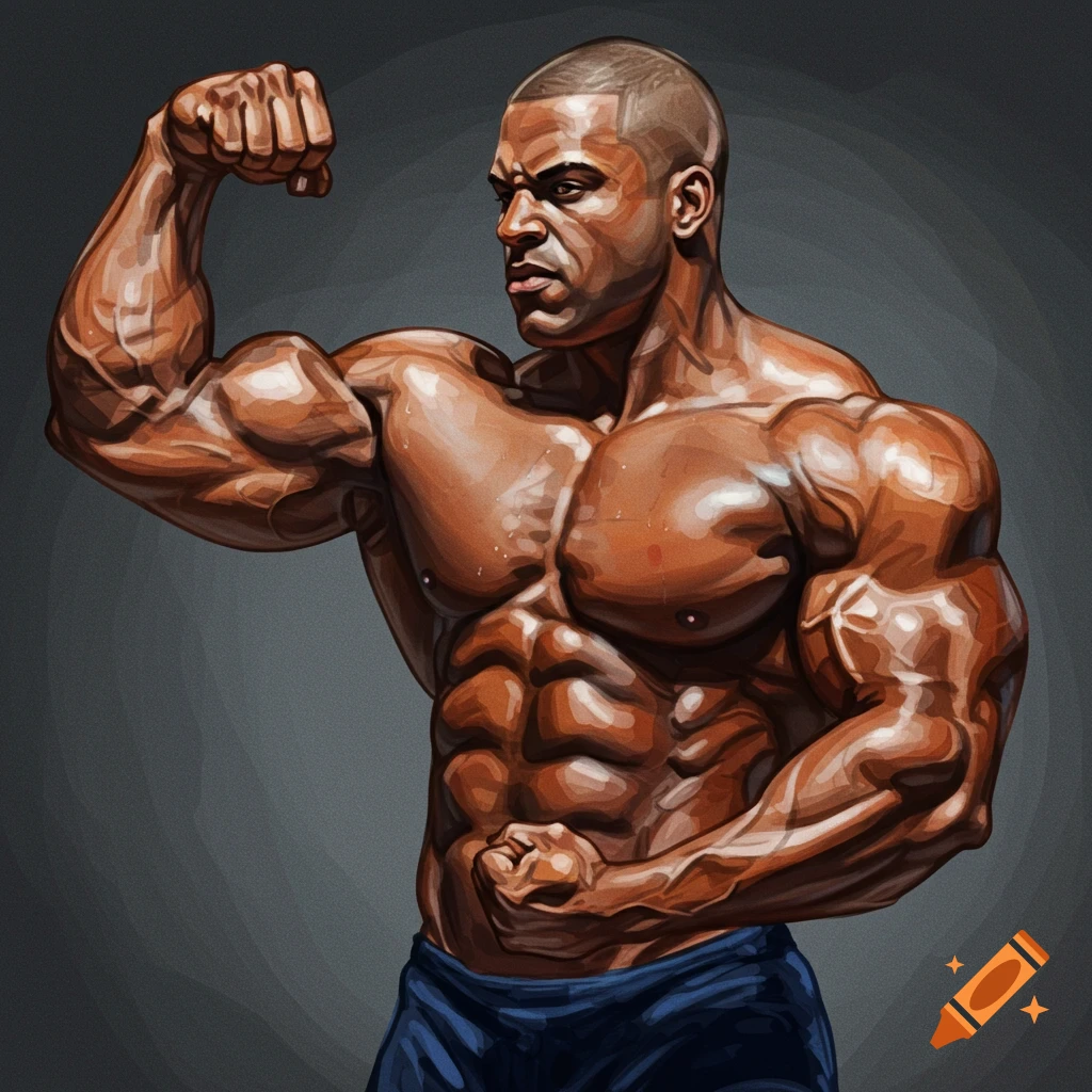 A muscular bodybuilder is flexing his arms and chest.