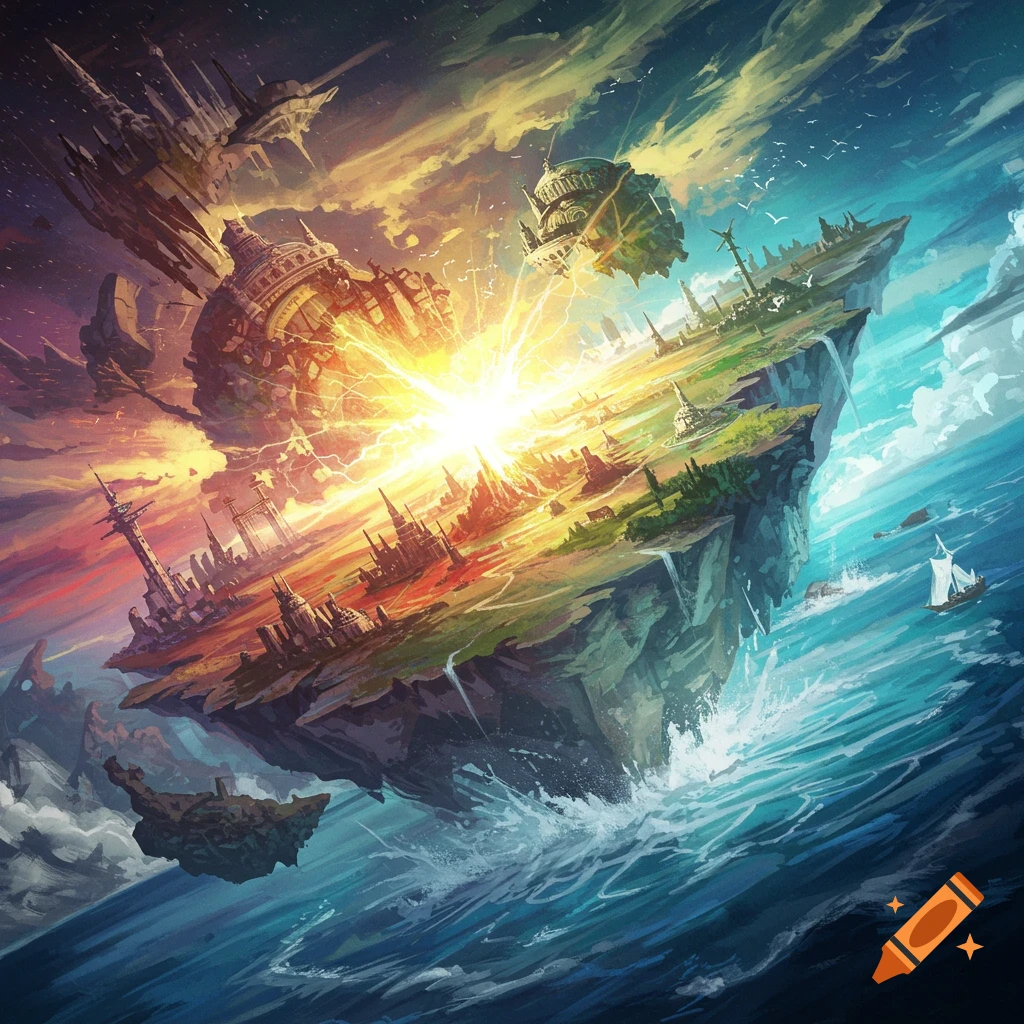 Large floating landmasses with cities are shown colliding over an ocean with a bright explosion in the sky.