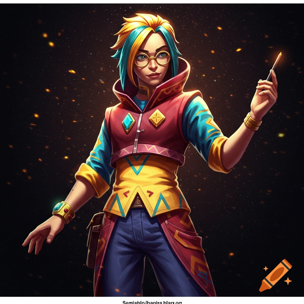 A young person with blue and yellow hair and glasses wears a vibrant, layered outfit and holds a glowing stick.