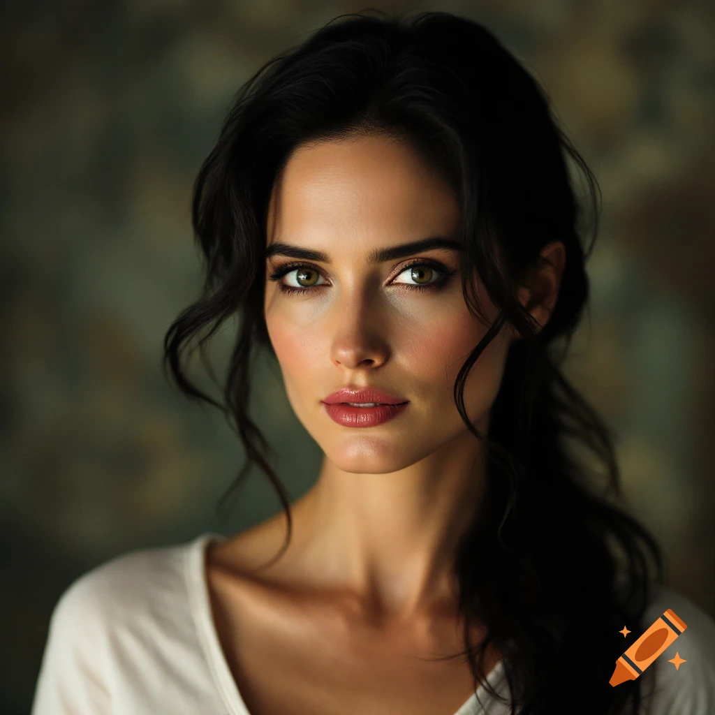 Close-up portrait of a woman with dark hair and green eyes