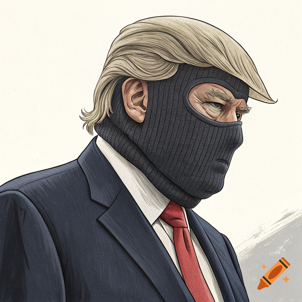 Illustration of a man resembling Donald Trump wearing a ski mask and suit