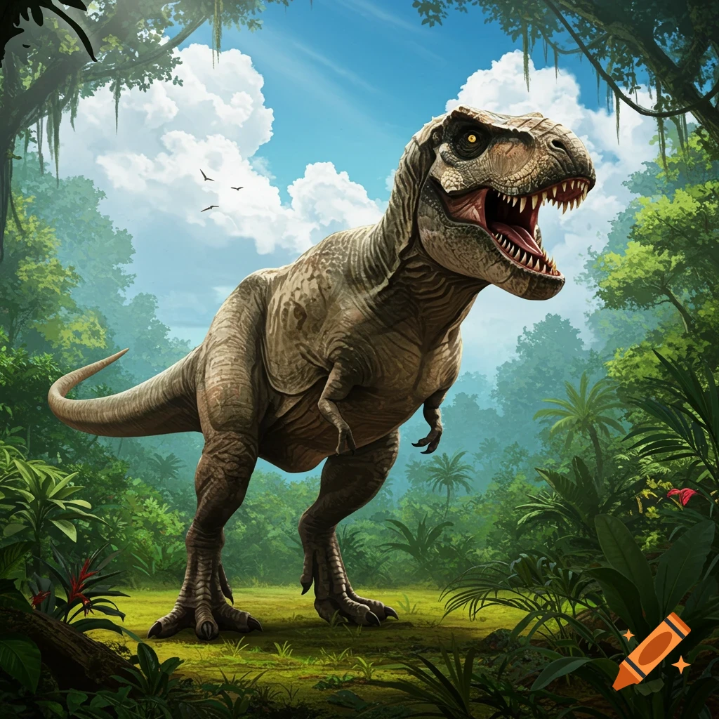A male Tyrannosaurus Rex stands in a lush prehistoric jungle.