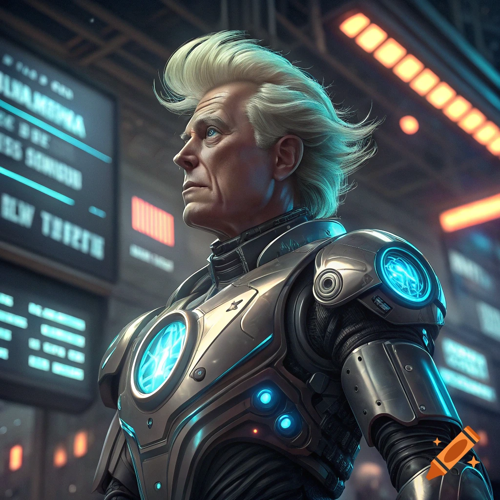 Portrait of a man in a detailed futuristic robot suit with glowing blue lights, resembling Charles Hoskinson with blonde swept hair, in a cybernetic setting.