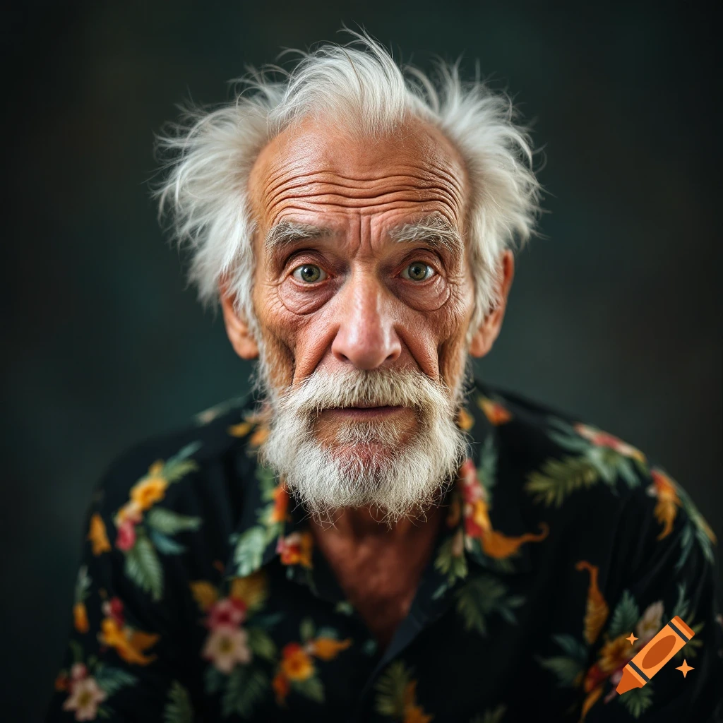 Close-up portrait of an old man with white hair and beard wearing a floral shirt