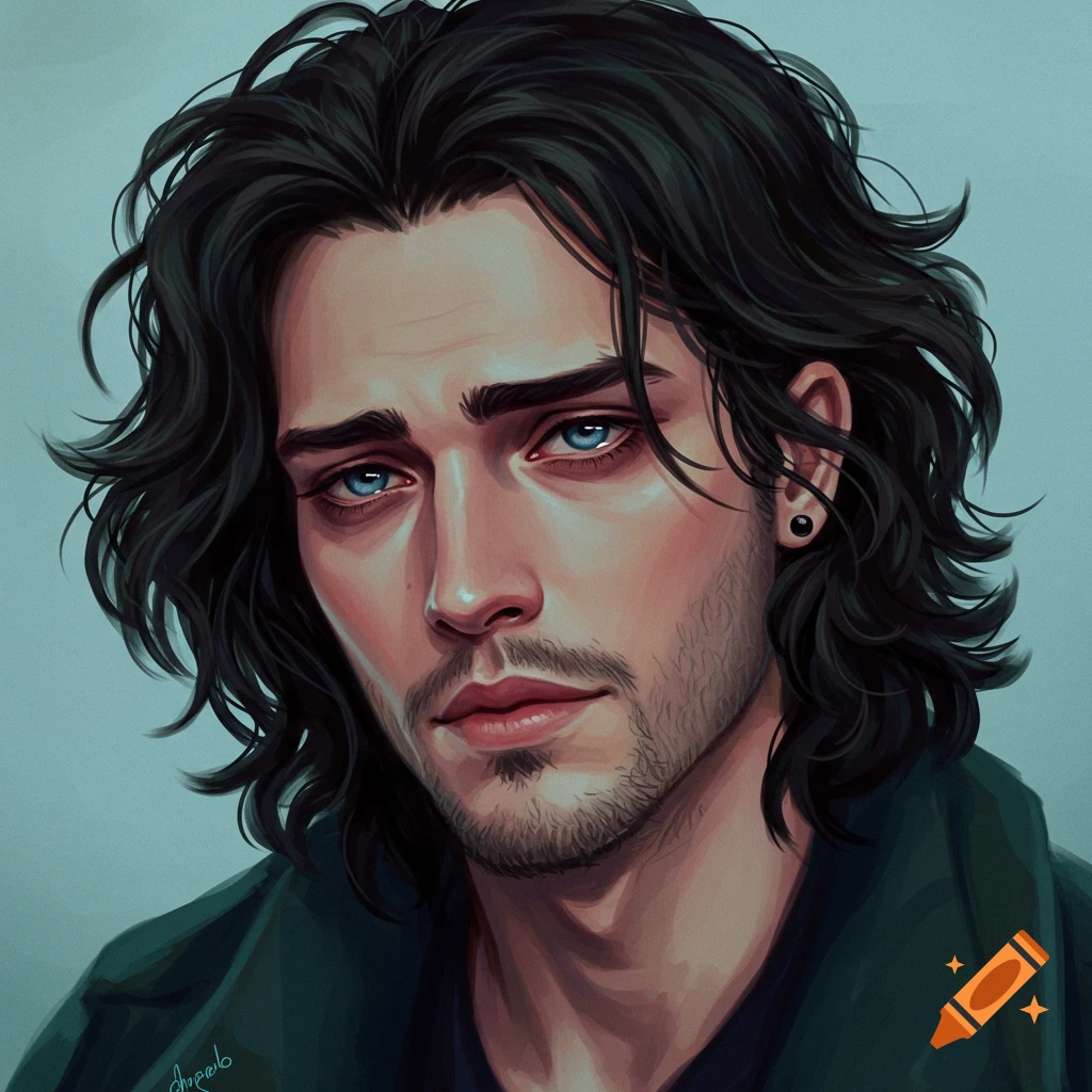 A portrait of a man with dark, wavy hair and striking blue eyes.