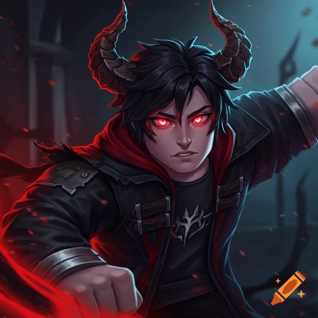 A fantasy character with horns and glowing red eyes, wearing a black jacket.