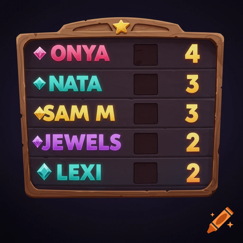 A digital illustration of a game scoreboard listing player names and their wins.