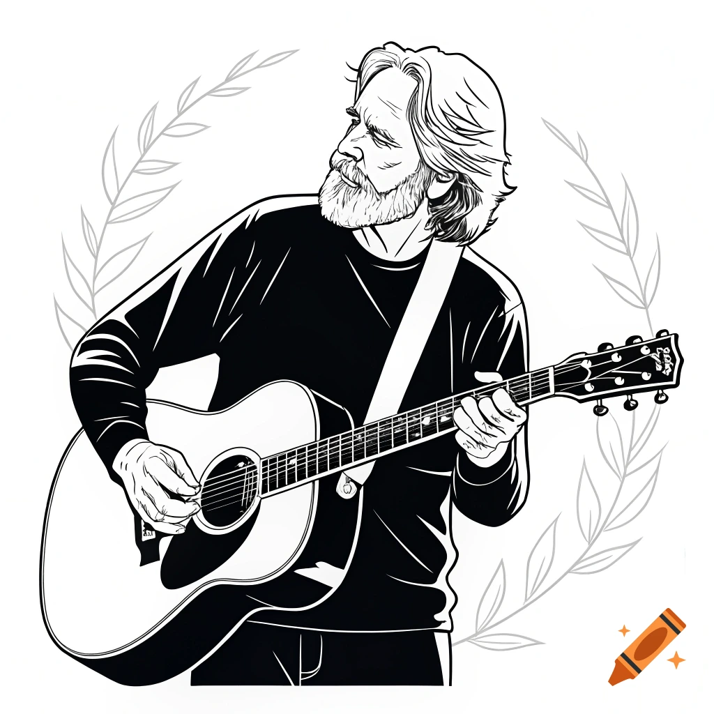Simple line art illustration of a man playing an acoustic guitar