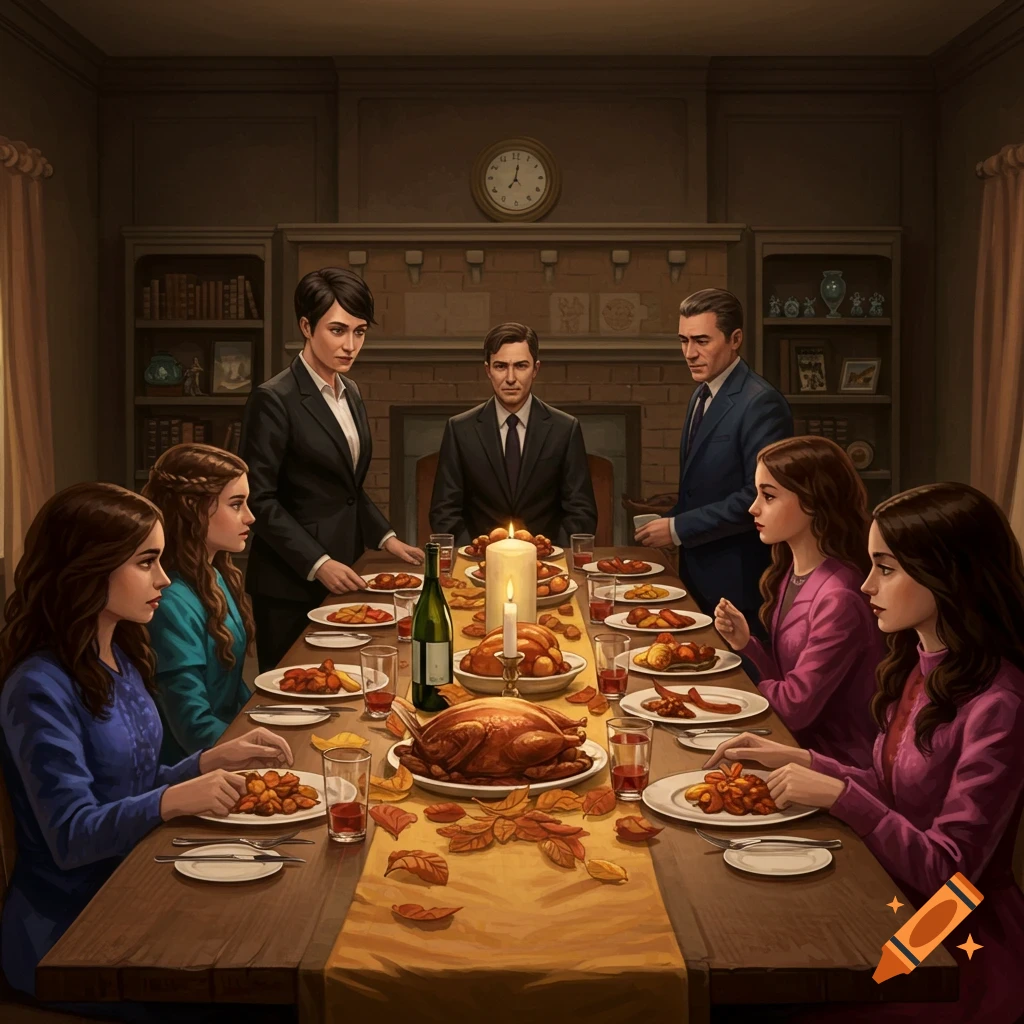 A family gathered around a table for Thanksgiving dinner.