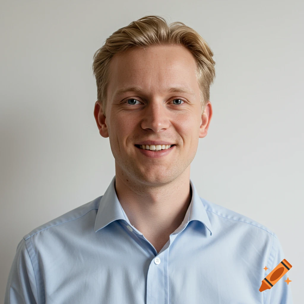 A headshot of a smiling blonde man wearing a light blue shirt.