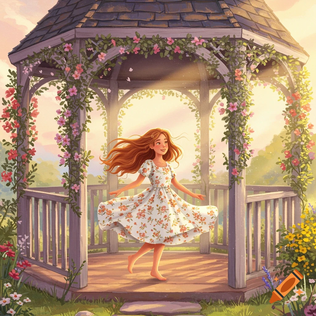 A girl with auburn hair in a floral dress is dancing in a flower-covered gazebo at sunset.