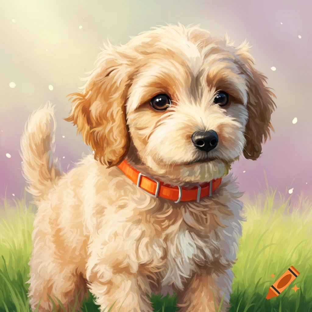 A cute labradoodle puppy in a grassy field.