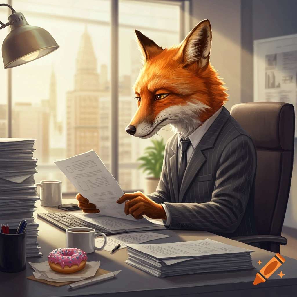 An anthropomorphic fox in a suit working at an office desk.