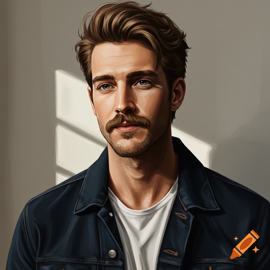 A man with a mustache wearing a white shirt and denim jacket