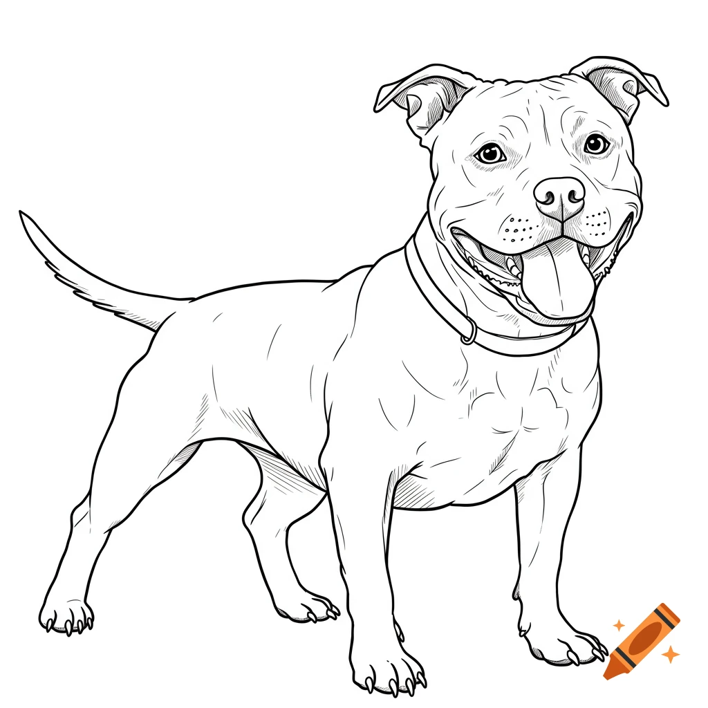A black and white line drawing of a happy pitbull type dog standing and looking forward.