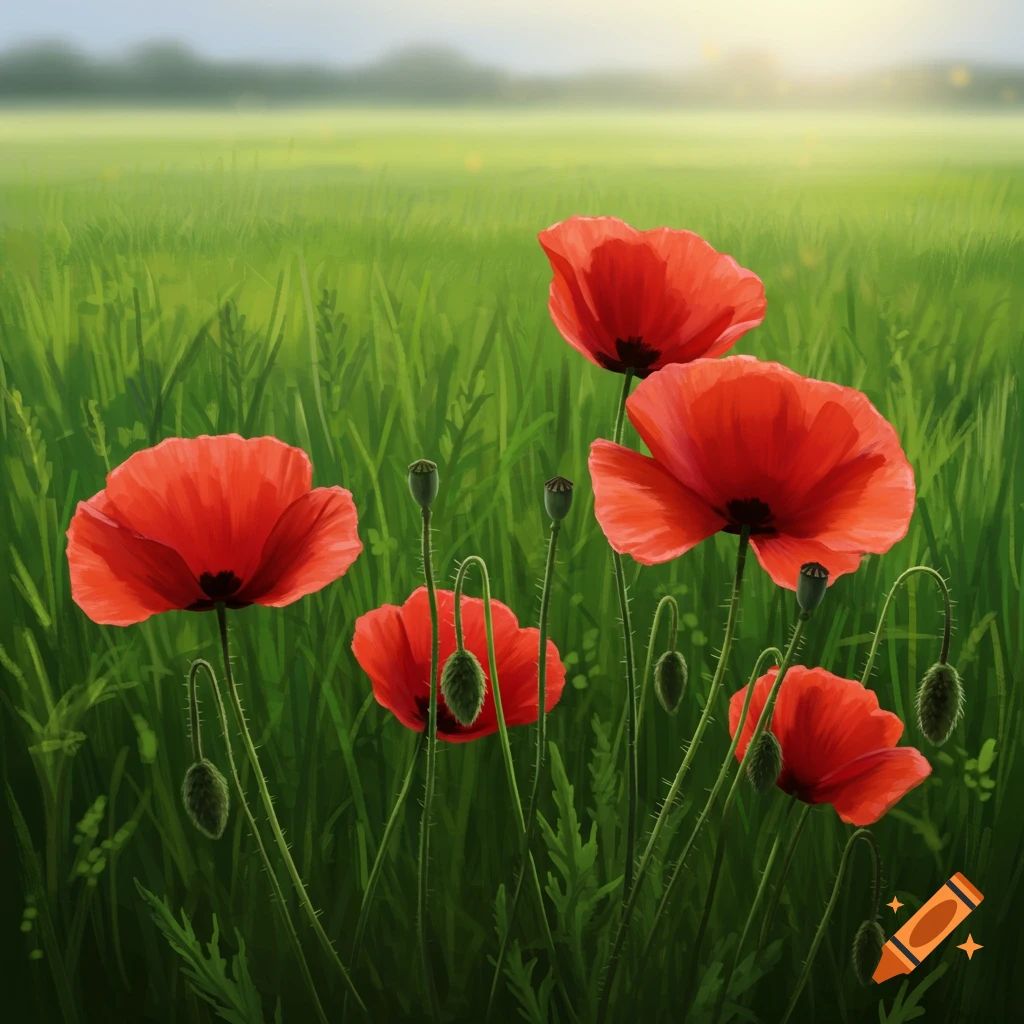 Red poppies in a field of green grass.