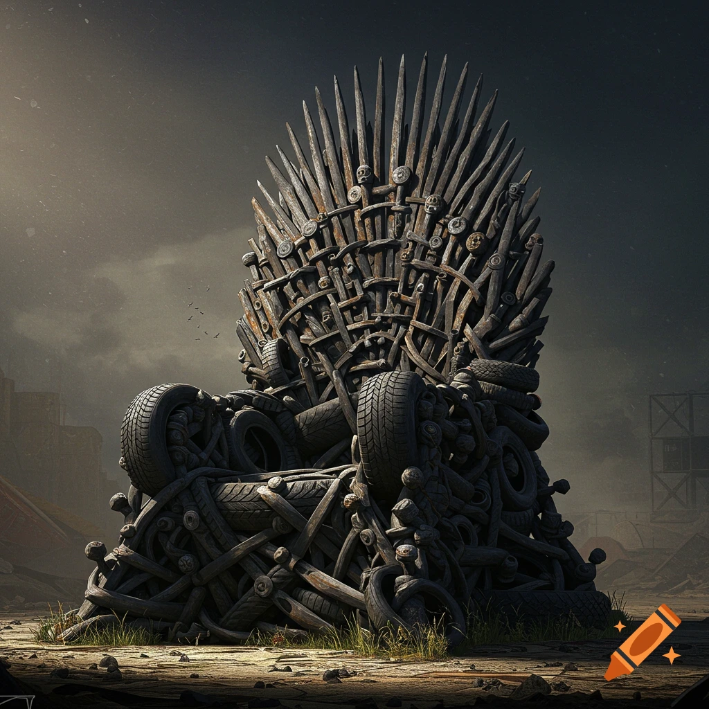 A large throne constructed from old tires and metal junk sits in a desolate, post-apocalyptic landscape.