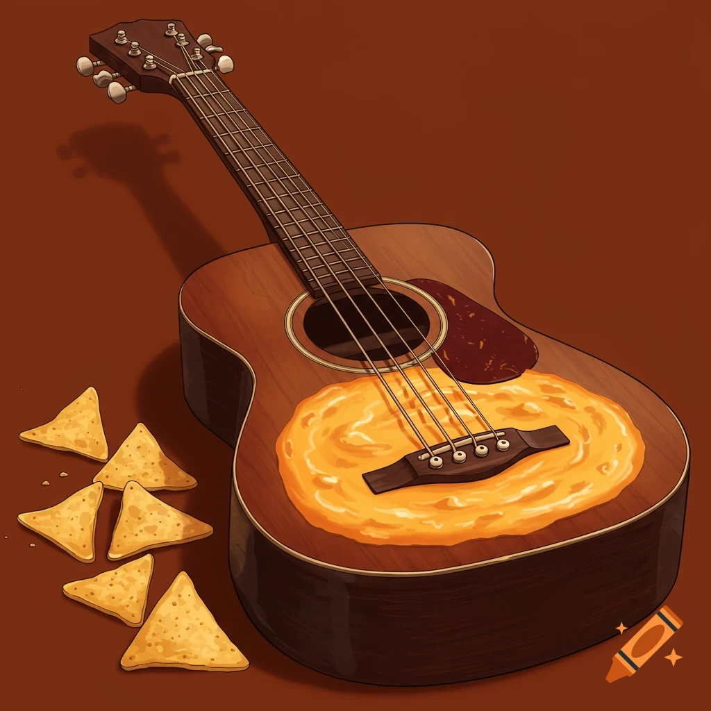 A guitar with queso dip on it and tortilla chips nearby