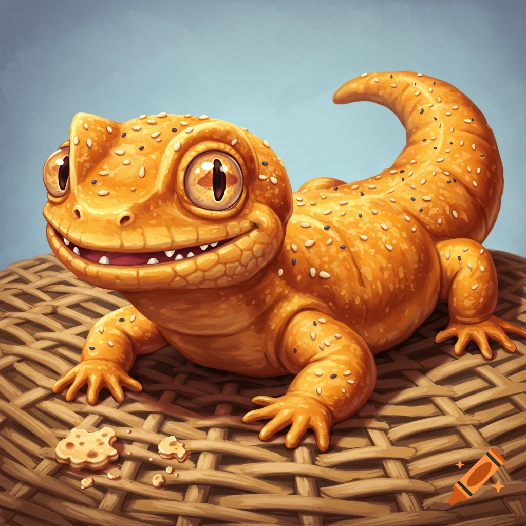 A cute bread lizard with sesame seeds sits on a woven surface.
