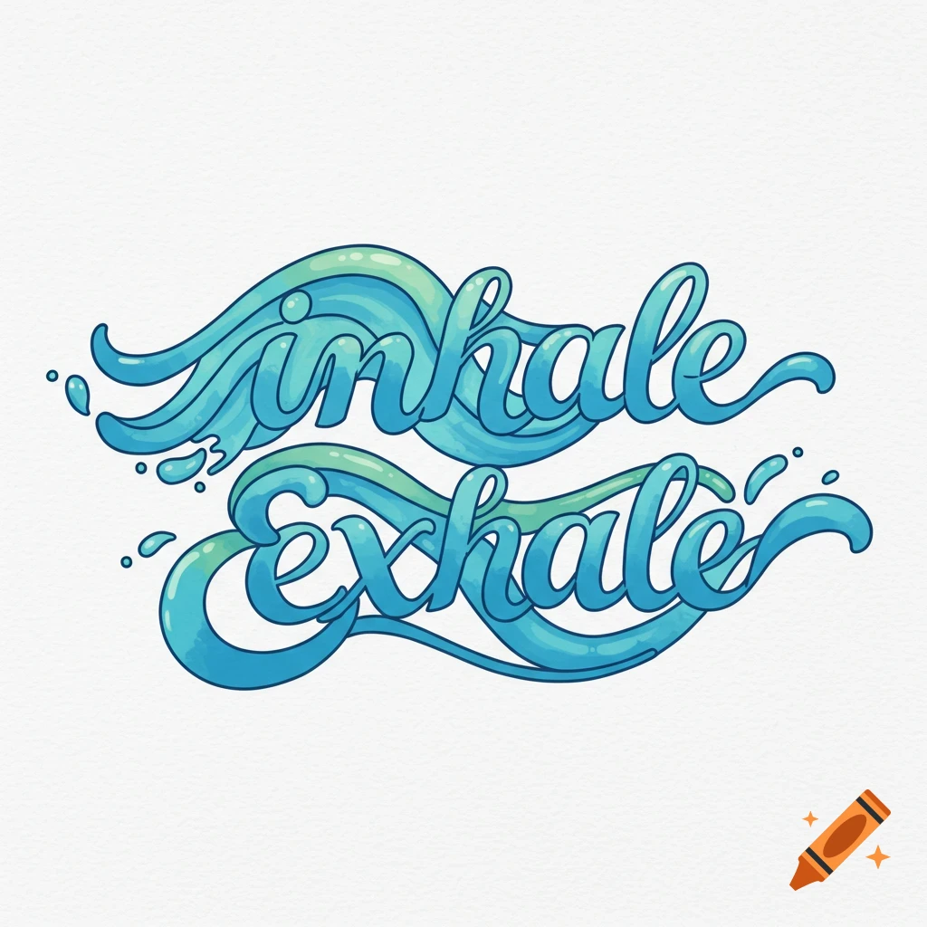 Blue stylized text forming waves spells 'inhale' and 'exhale'