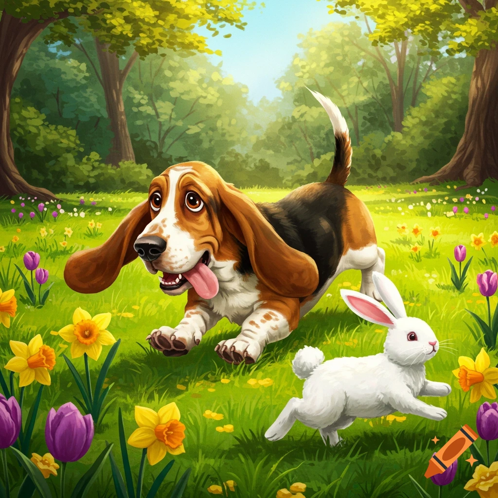 A basset hound chases an Easter bunny through a sunny spring garden.
