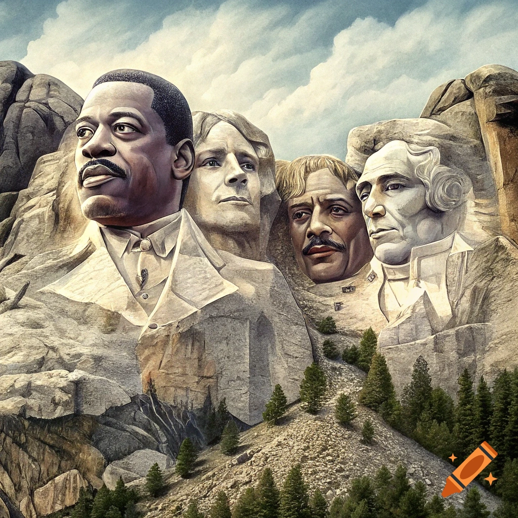 Carved faces of Richard Pryor, Redd Foxx, Bernie Mac, and Dave Chappelle on a mountain like Mount Rushmore, illustrated style.