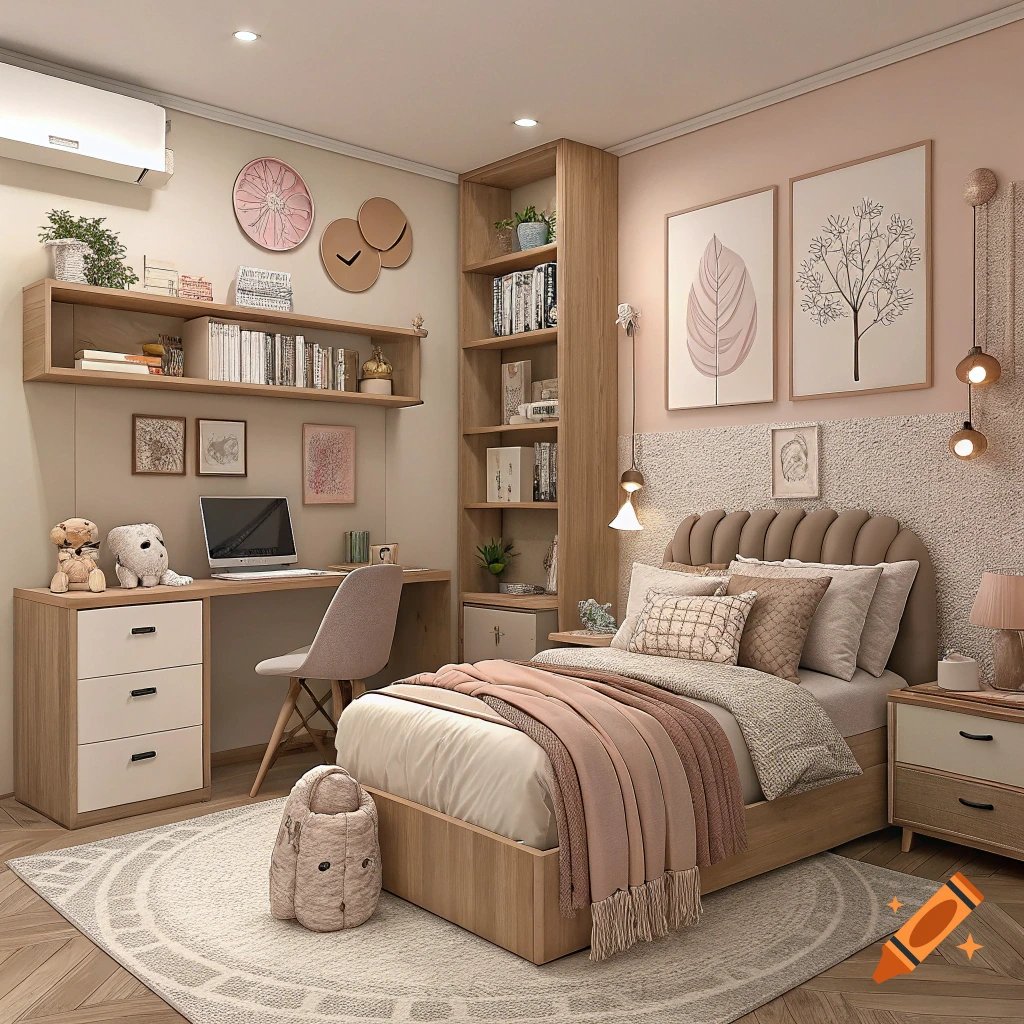 An aesthetic and cozy teen bedroom with a bed, desk, shelves, and warm neutral decor.
