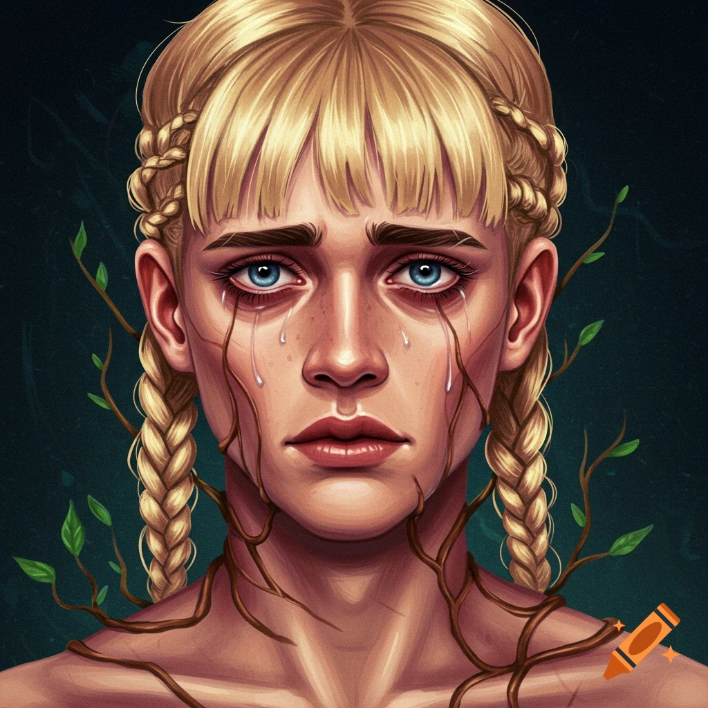 A sad blonde person is crying, with vines and leaves growing from their skin.