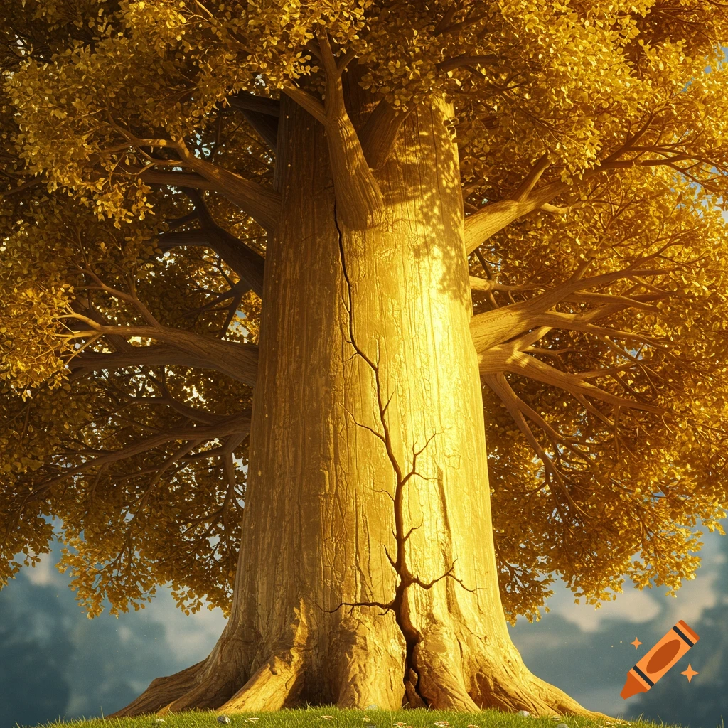 A close-up of a giant tree made of gold with a large crack on its trunk.