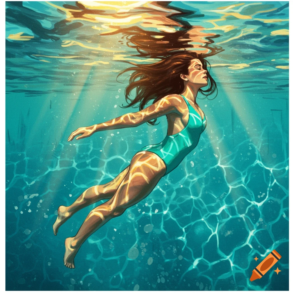 Woman floating underwater in a turquoise swimsuit with sunlight rays.