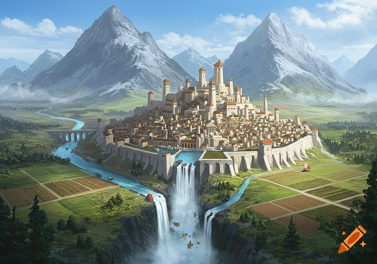 A large fantasy city built in a mountain valley with a waterfall, river, bridge, and farms.