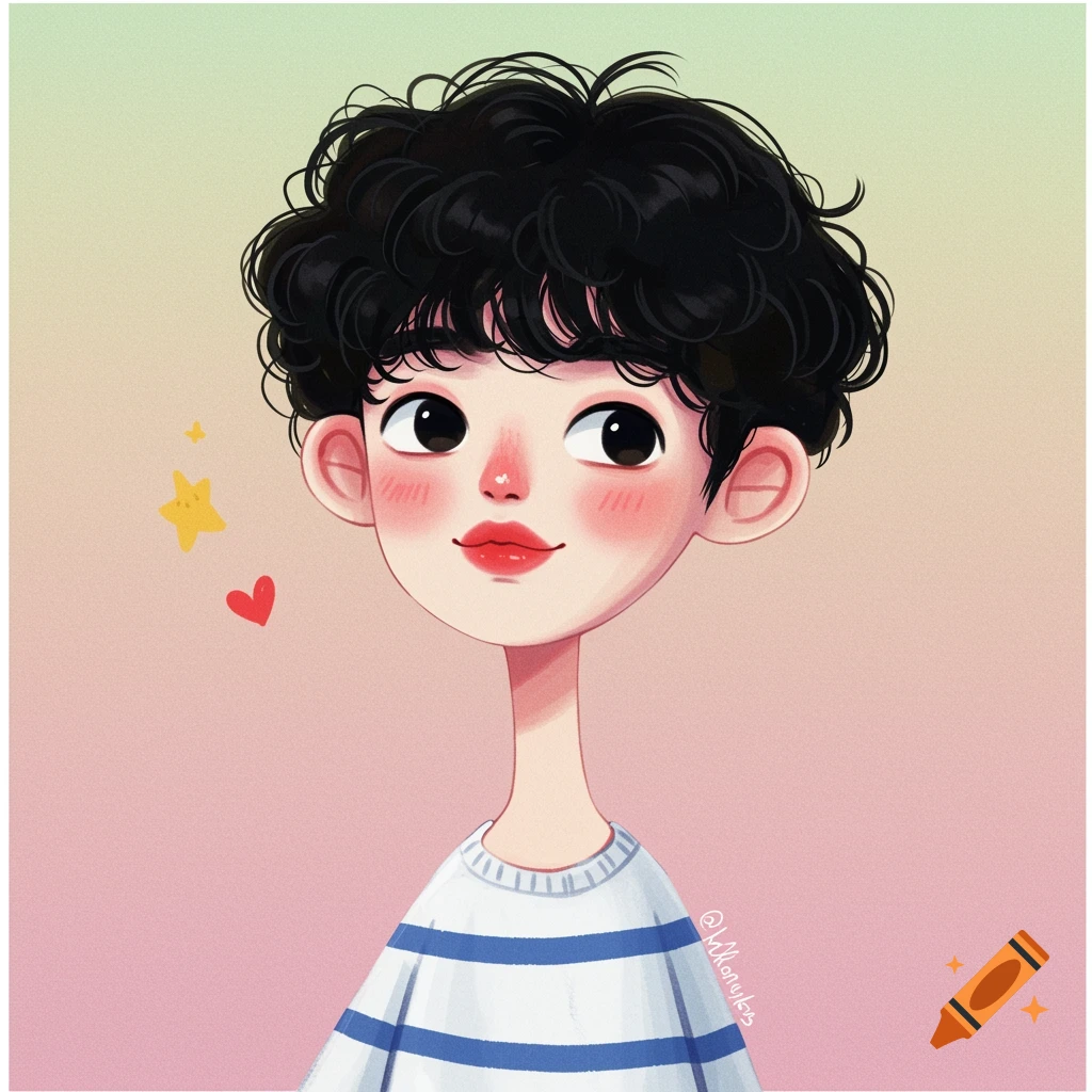 Cartoon portrait of a boy with curly hair in a striped shirt against a pastel background.