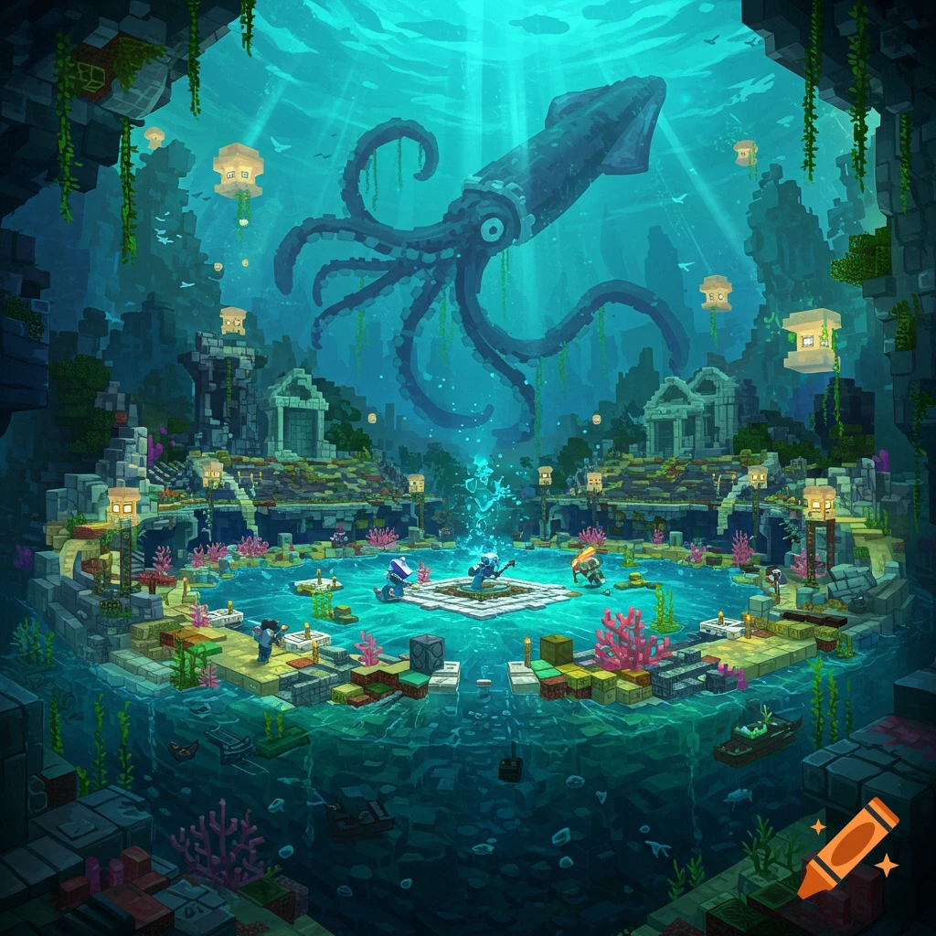 Minecraft-style underwater arena with structures, figures, and a giant squid