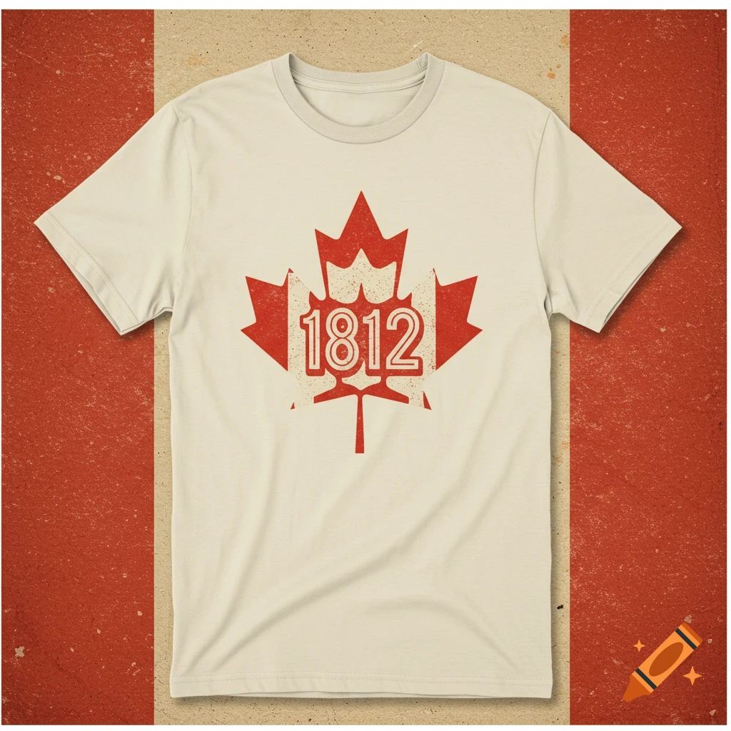 Off-white t-shirt with a vintage red Canadian maple leaf logo containing the number 1812.