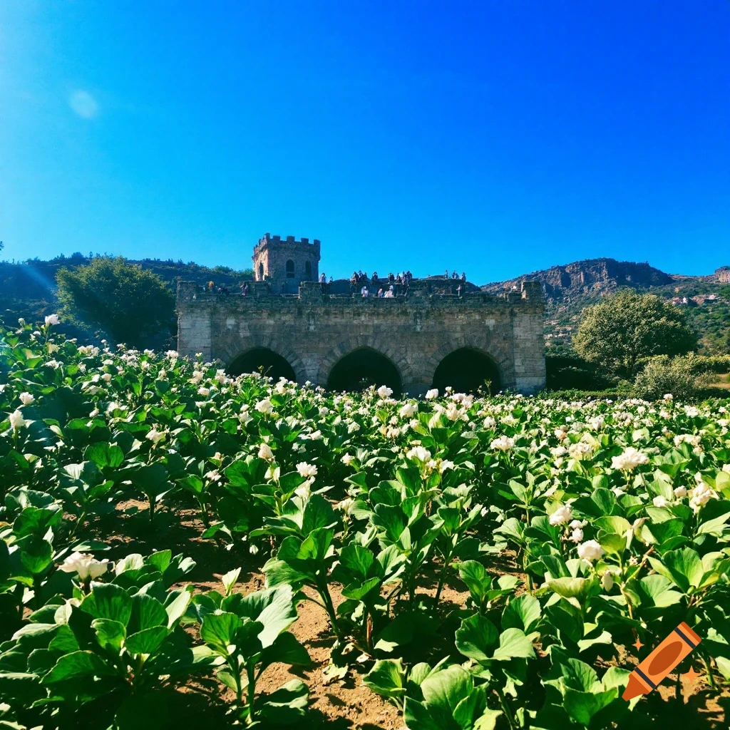 A field of green plants and white flowers in front of an old stone structure with arches and a tower on a hill.