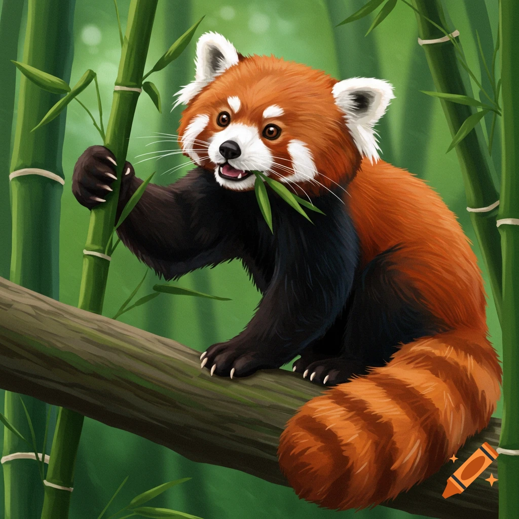 A red panda eating bamboo while sitting on a tree branch.