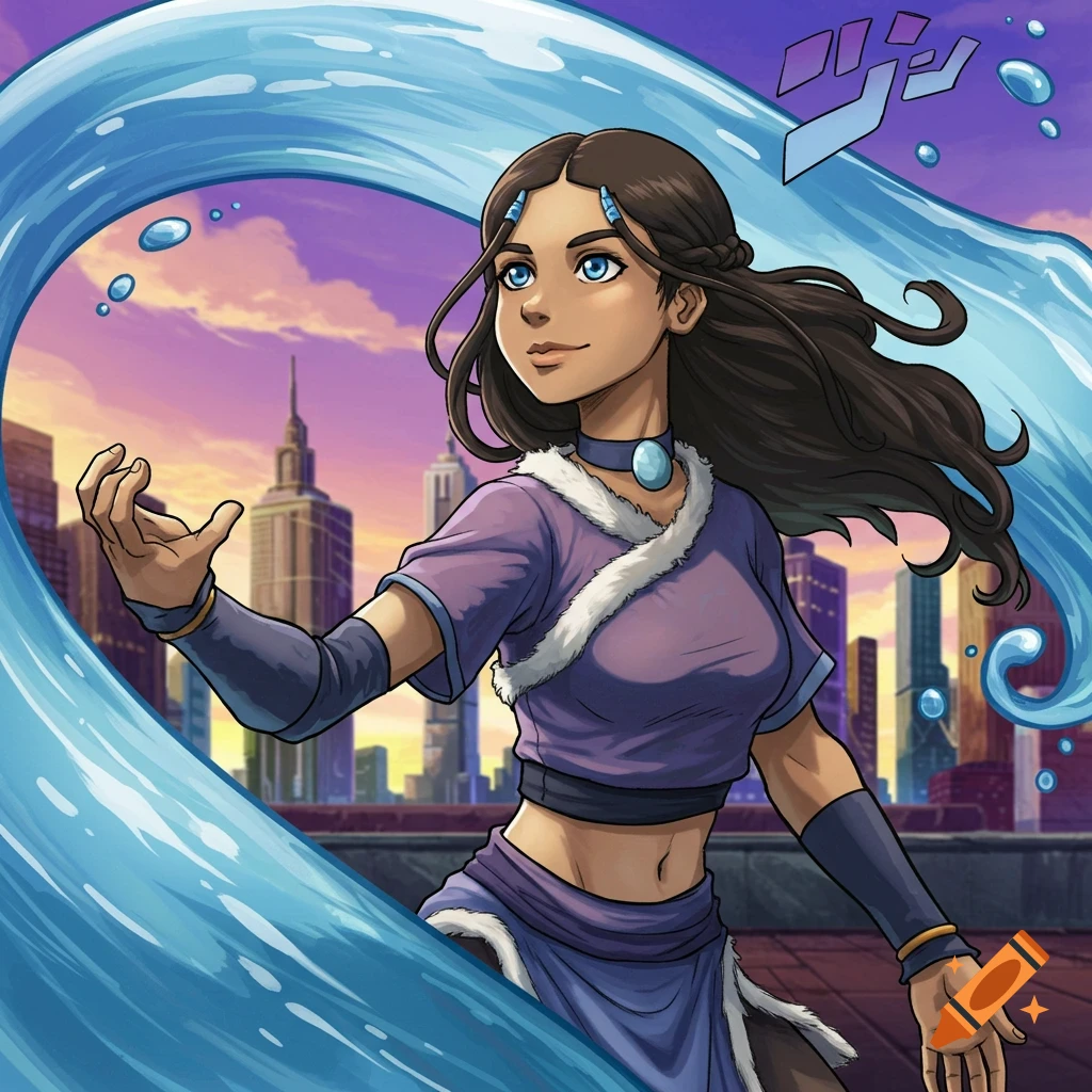 Katara from Avatar manipulating water with a cityscape background in an anime style