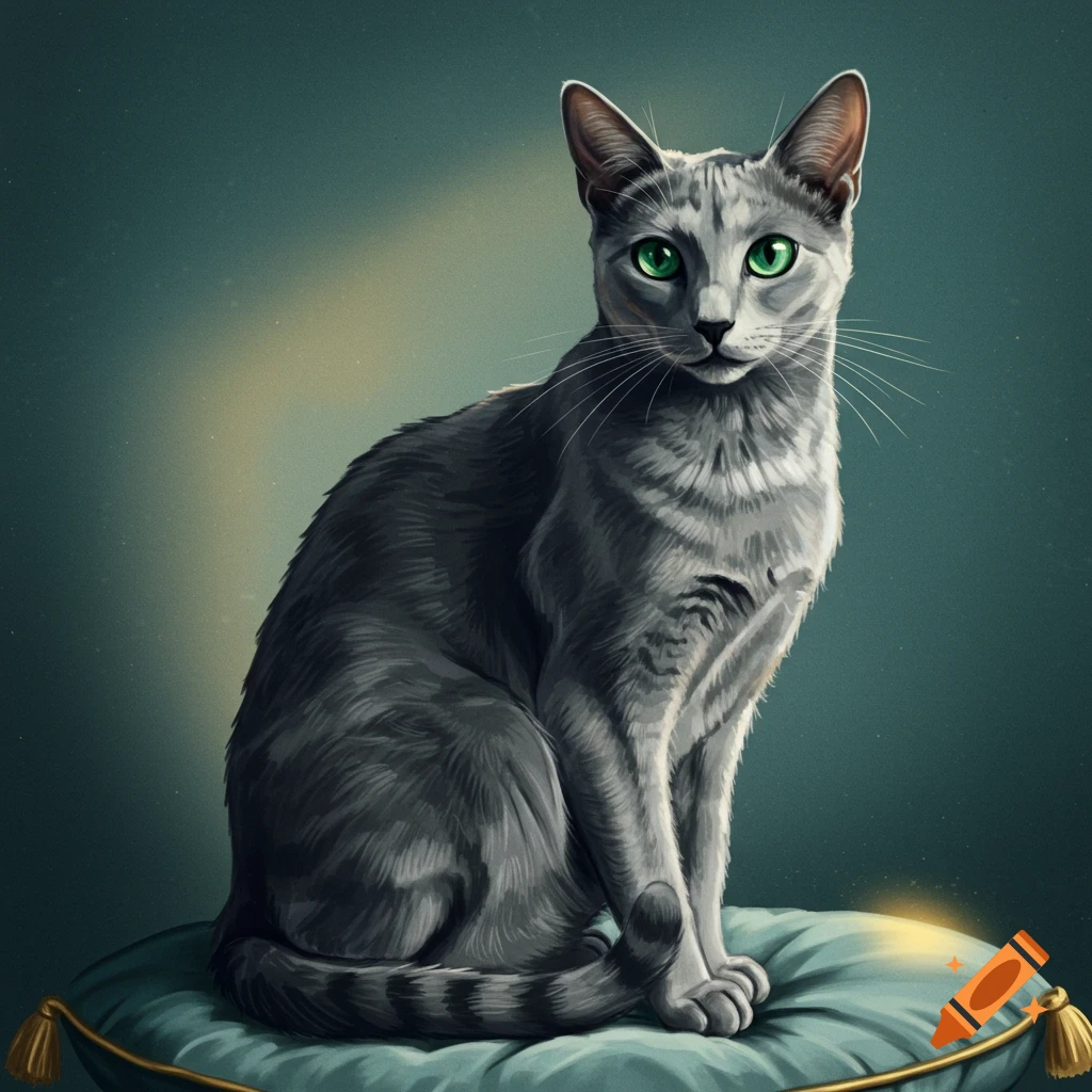 A gray cat is sitting on a cushion.