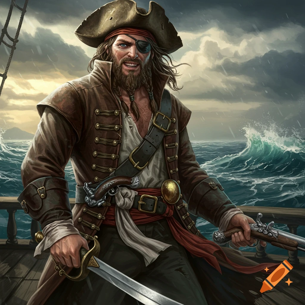 A detailed illustration of a rugged pirate captain standing on a ship deck during a storm, holding a sword and pistol.