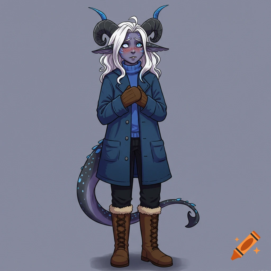 Illustration of a shy fantasy character with grey skin, horns, and tail, wearing a blue coat and boots