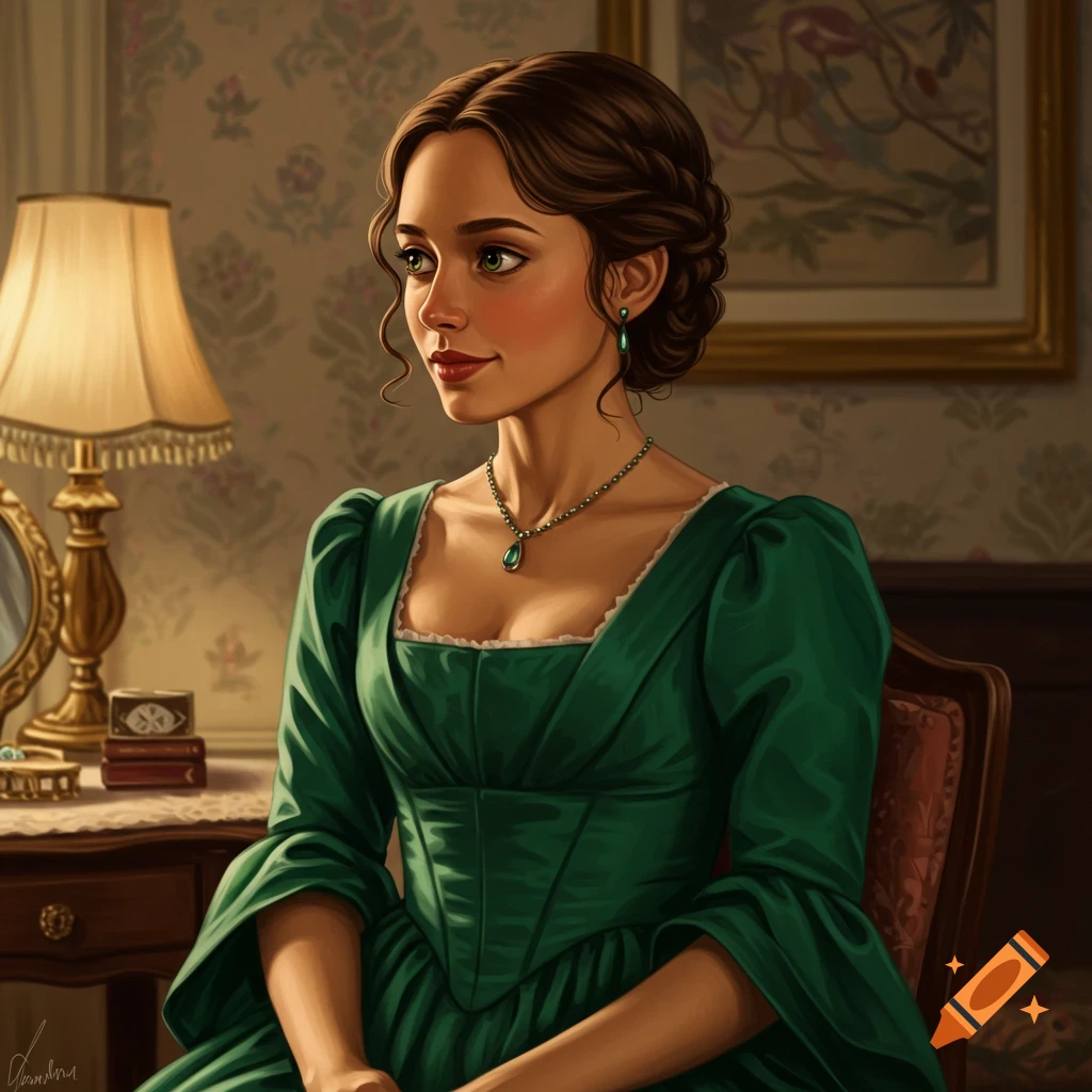 A woman in a green dress sitting in a room.