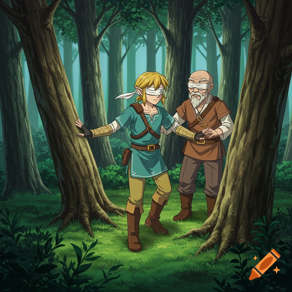 Anime illustration of two blindfolded figures, one young and one old, navigating through a forest by touch.
