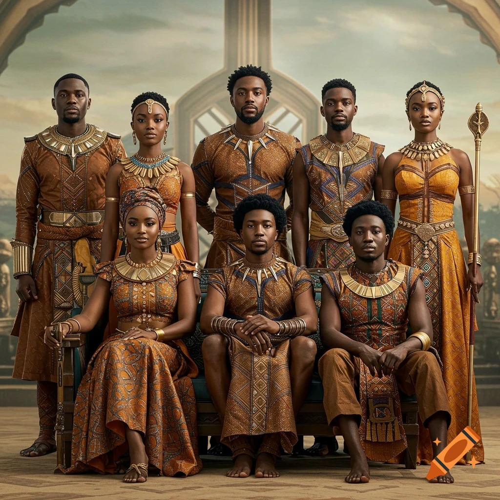 A group of seven adults in elaborate gold and brown futuristic African-inspired clothing pose inside a building.