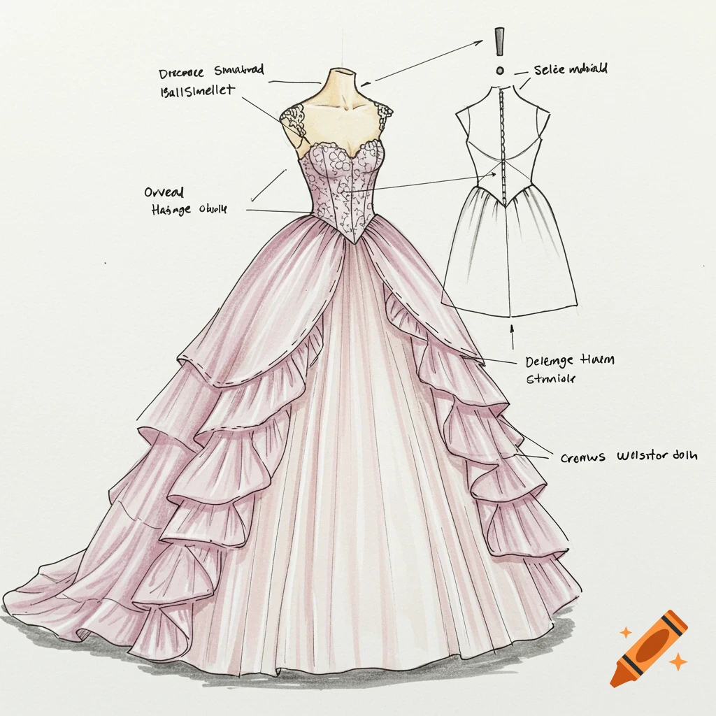 Drawing of a pink ball gown with ruffles and lace, in a fashion illustration style with annotations.