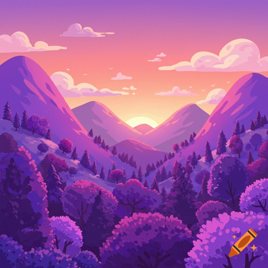 Stylized purple mountain landscape with trees and sunset