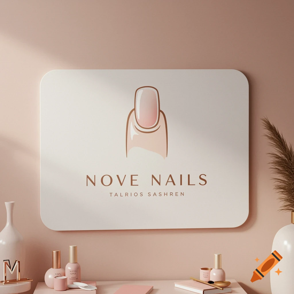 Modern nail salon logo on a white sign with a stylized nail graphic and the name 'Nove Nails'. The sign is on a surface with nail polish bottles.