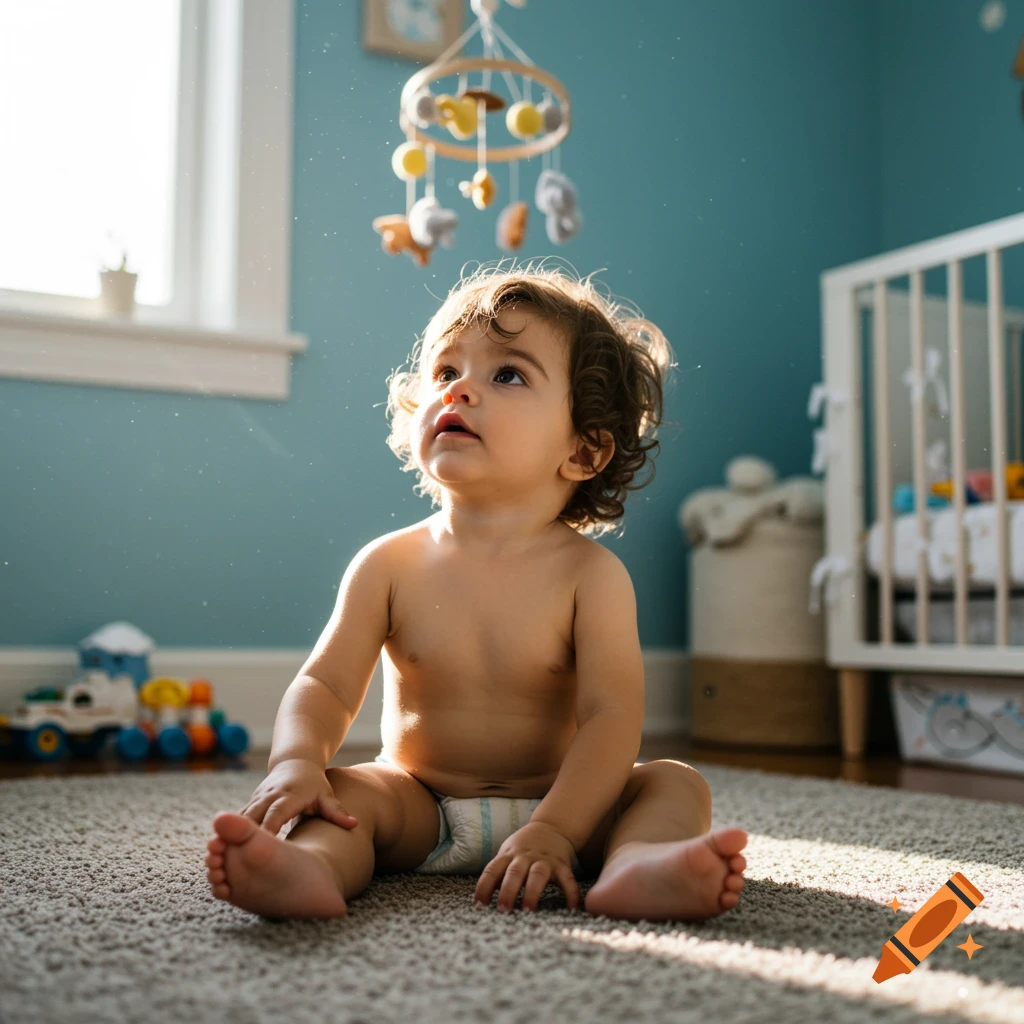 Toddler sitting on a rug in a nursery looking at a mobile, photorealistic
